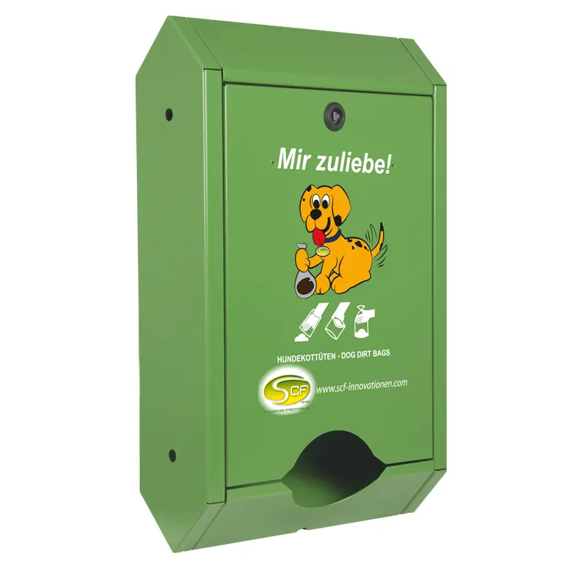 Hundekotbeutelspender Standard in Maigrün mit abgewinkeltem Gehäuse, Hundemotiv, weißer Aufschrift „Mir zuliebe!“ und unterer Entnahmeöffnung.