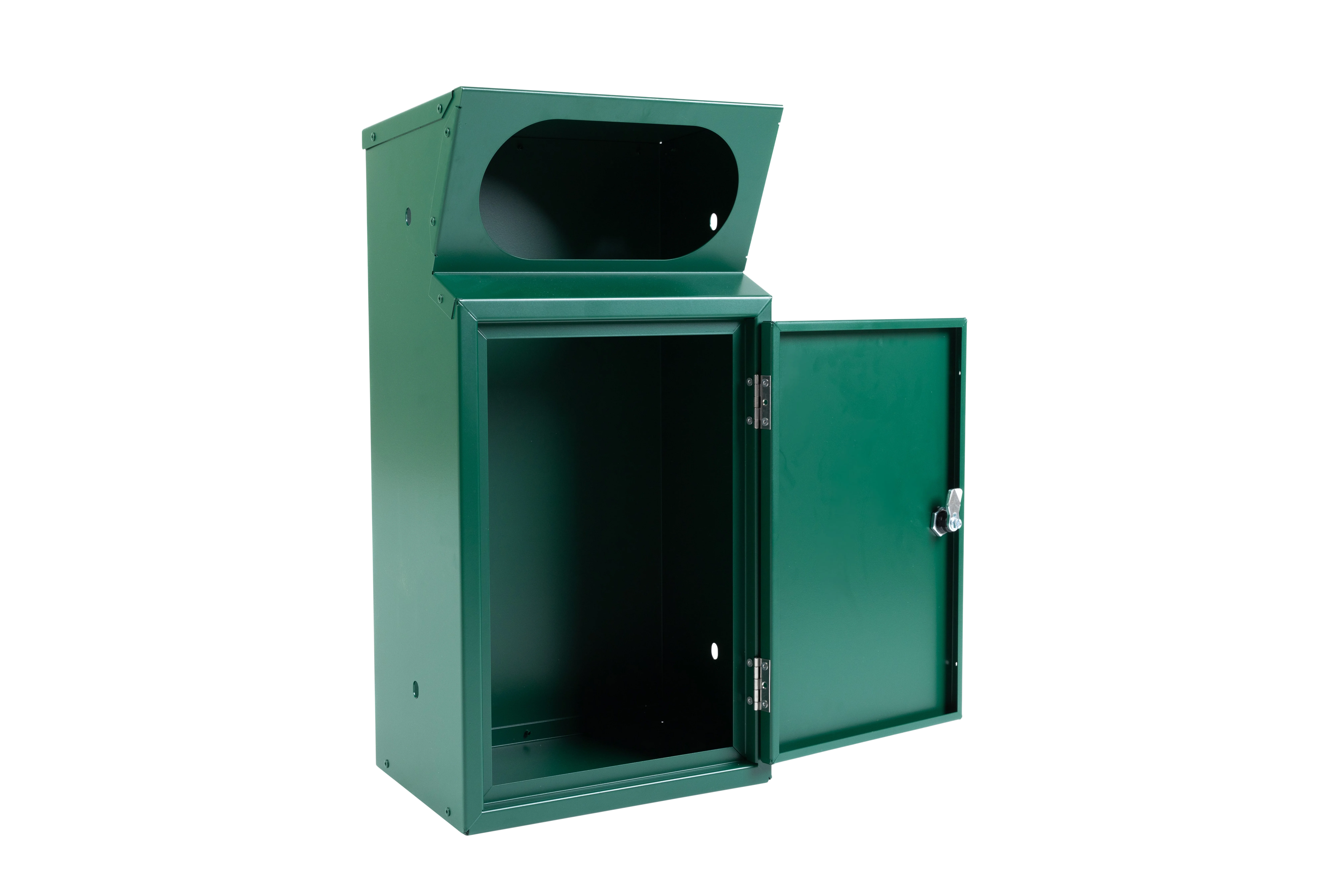 Mülleimer Griffloch aus pulverbeschichtetem Stahlblech in Tannengrün mit offener Tür und ovaler Einwurföffnung oben.